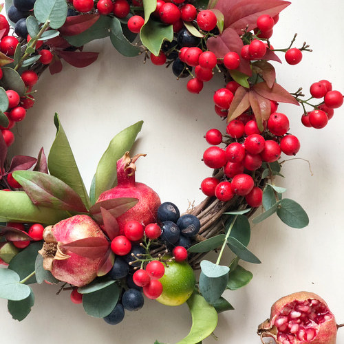 2024 お正月リース 金柑とザクロ、南天の実のリース しめ縄・しめ飾り