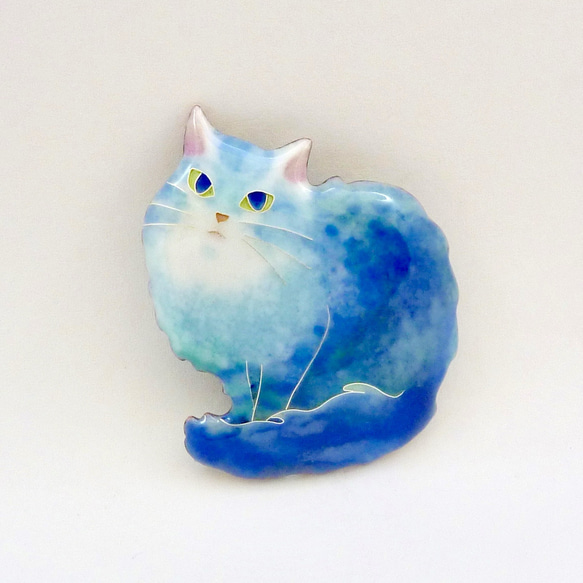 七宝焼きブローチ＊青い猫 3枚目の画像