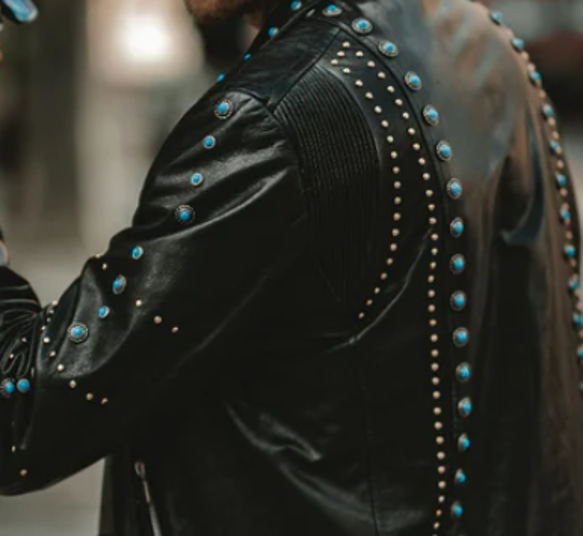 イタリア革ジャンブランド【Pala leather】 ターコイズ・山羊革ライダースジャケット 4枚目の画像