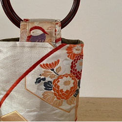 ボトルバッグ　おしどりと牡丹　帯バッグ　ワイン　日本酒　着物　アップサイクル　プレゼント 3枚目の画像