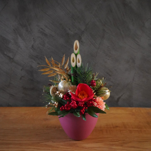 お正月飾り 迎春アレンジ 門松・赤椿 和モダン 松竹 南天 アート