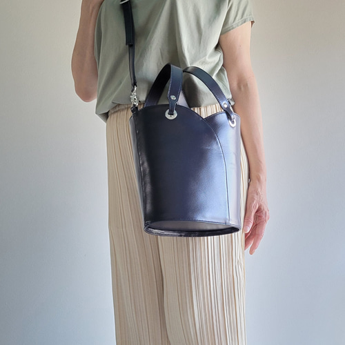 巾着内袋付き バケツ型2wayショルダーバッグ(ネイビー) ショルダー