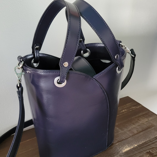 巾着内袋付き バケツ型2wayショルダーバッグ(ネイビー