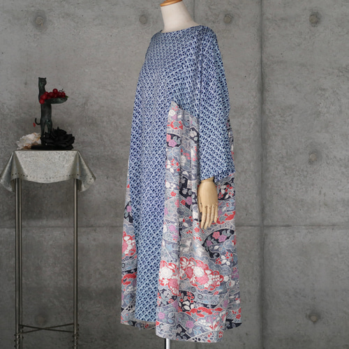 261　手染め大輔　着物リメイク　辻ヶ花　膨れ織　ワンピース　L〜フリーサイズ 261 手染め大輔 着物リメイク 辻ヶ花 膨れ織 ワンピース L