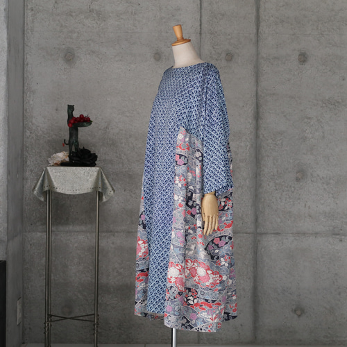 辻ヶ花と絞りのワンピース フリーサイズ 着物リメイク kimono