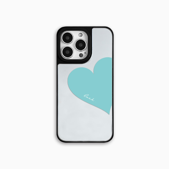 Big Heart♡ターコイズブルー　鏡　耐久性グリップミラーケース　iPhoneケース　文字入れ 1枚目の画像