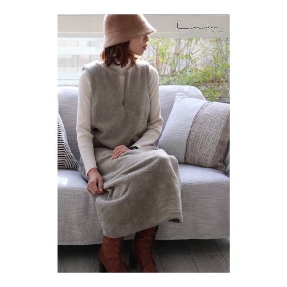 冬のモコモコ高級メルトンフリースワンピース／スラッシュネックワンピース／メルトンジャンパースカート／全9色／グレージュ 1枚目の画像