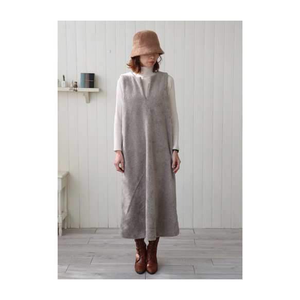 冬のモコモコ高級メルトンフリースワンピース／スラッシュネックワンピース／メルトンジャンパースカート／全9色／グレージュ 10枚目の画像