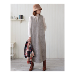 冬のモコモコ高級メルトンフリースワンピース／スラッシュネックワンピース／メルトンジャンパースカート／全9色／グレージュ 3枚目の画像