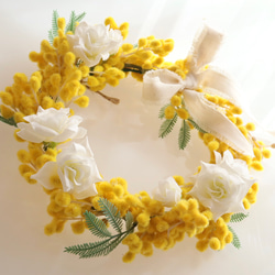 ミモザ＆ホワイトローズリース選べるリボン（アーティフィシャルフラワー造花）無料ギフトラッピング 3枚目の画像