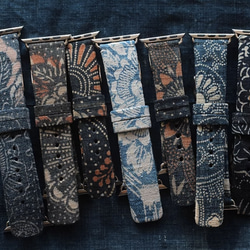 受注制作 アップルウォッチバンド Apple Watch バンド オリジナルデザイン 手縫古代の藍染め 贅沢古い綿 本革 2枚目の画像
