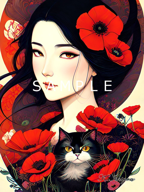 猫と女性と花(オリジナルイラスト)A4額付き　№s-3534 1枚目の画像