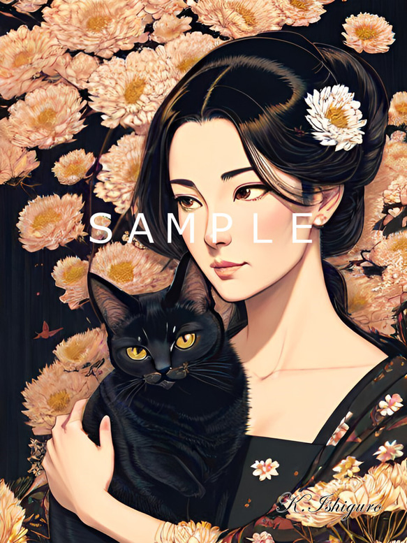 猫と女性と花(オリジナルイラスト)A4額付き　№s-3324 1枚目の画像