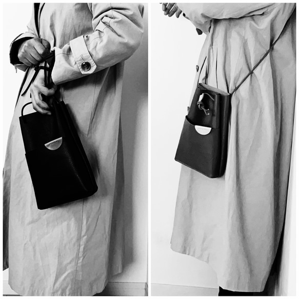 モノトーン 革の巾着バッグ3way Leather Drawstring Bag 4枚目の画像