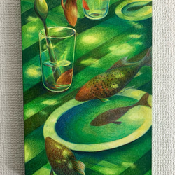 色鉛筆画(油性色鉛筆)  「緑吹く風に泳ぐ金魚」 原画　　　　一点物　黄金比パネル 3枚目の画像