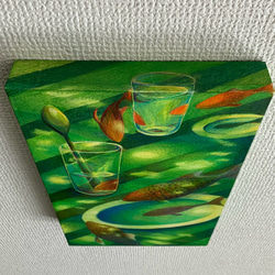 色鉛筆画(油性色鉛筆)  「緑吹く風に泳ぐ金魚」 原画　　　　一点物　黄金比パネル 6枚目の画像