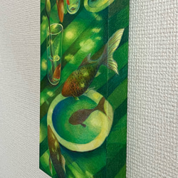 色鉛筆画(油性色鉛筆)  「緑吹く風に泳ぐ金魚」 原画　　　　一点物　黄金比パネル 4枚目の画像
