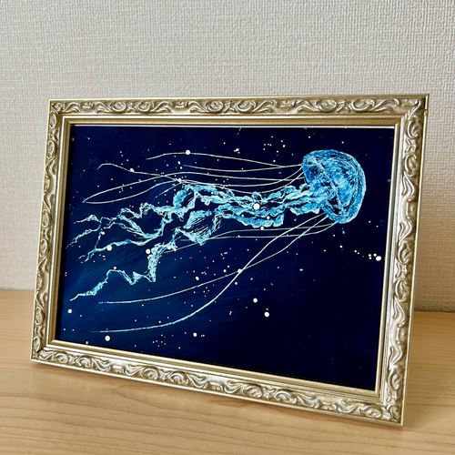 原画】 海の光 クラゲ 額装 スタンド付き 海の生き物 絵画 ゆめ
