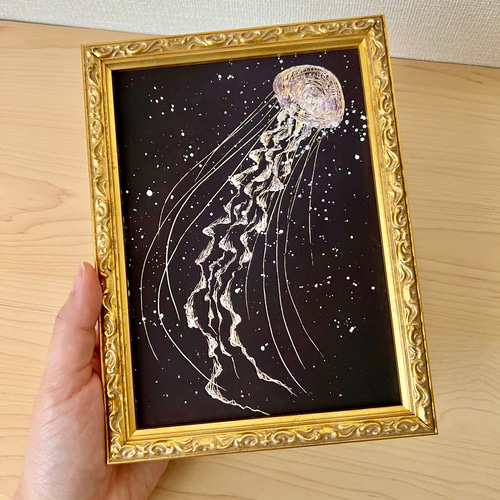 原画】 月の光 クラゲの絵 額装 スタンド付き 海の生き物 絵画