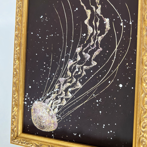 原画】 月の光 クラゲの絵 額装 スタンド付き 海の生き物 絵画
