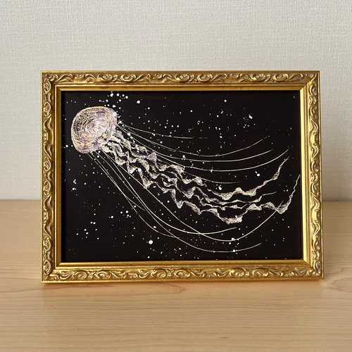 原画】 月の光 クラゲの絵 額装 スタンド付き 海の生き物 絵画