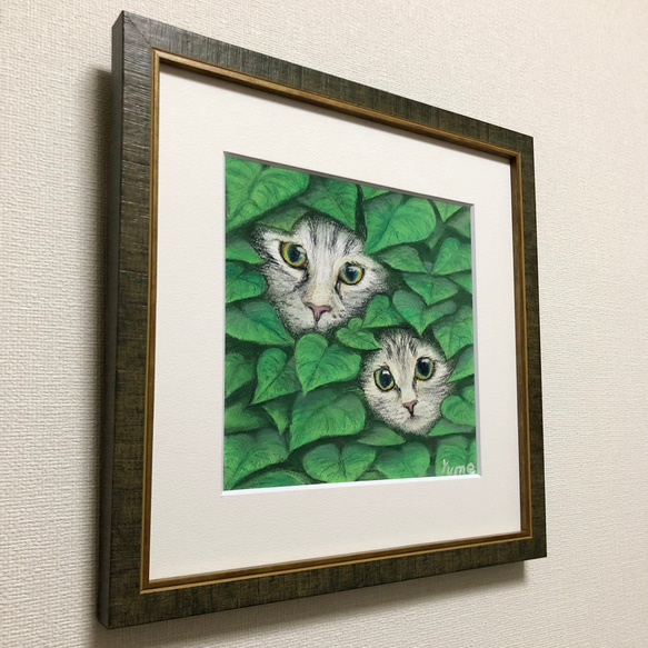 【猫の親子】　動物画　猫の絵　額装　壁掛け　原画 3枚目の画像