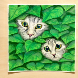 【猫の親子】　動物画　猫の絵　額装　壁掛け　原画 1枚目の画像