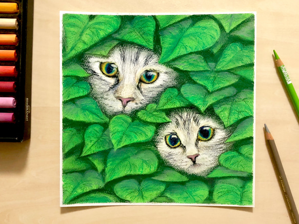 【猫の親子】　動物画　猫の絵　額装　壁掛け　原画 1枚目の画像