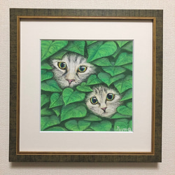 【猫の親子】　動物画　猫の絵　額装　壁掛け　原画 2枚目の画像