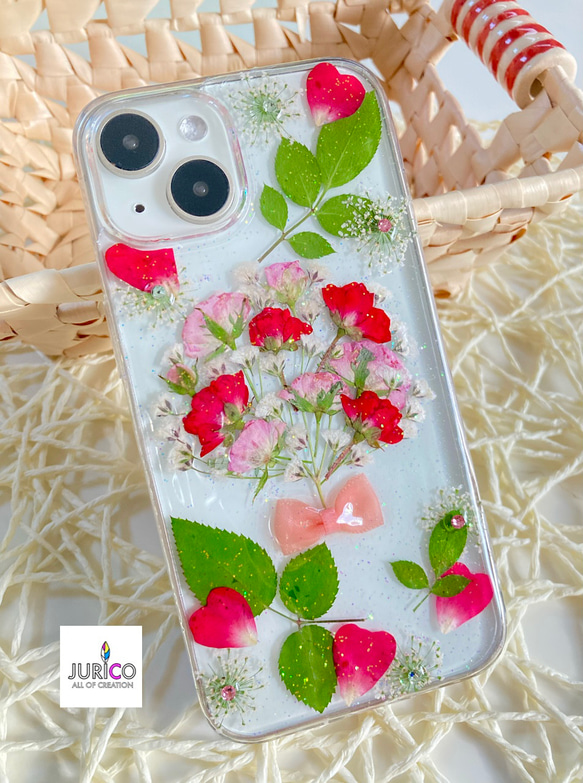 赤とピンクの薔薇とかすみ草の花束スマホケース　iphone/GALAXY/AQUOS/xperia/pixel 1枚目の画像