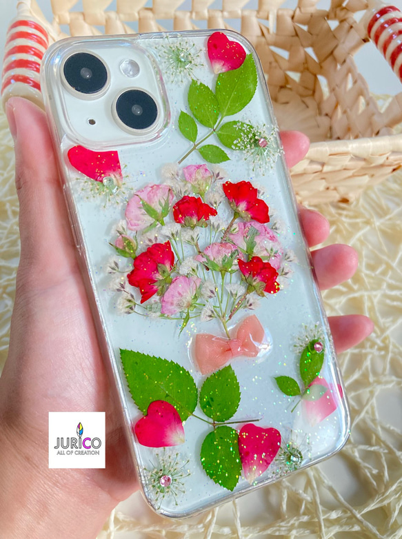 赤とピンクの薔薇とかすみ草の花束スマホケース　iphone/GALAXY/AQUOS/xperia/pixel 5枚目の画像