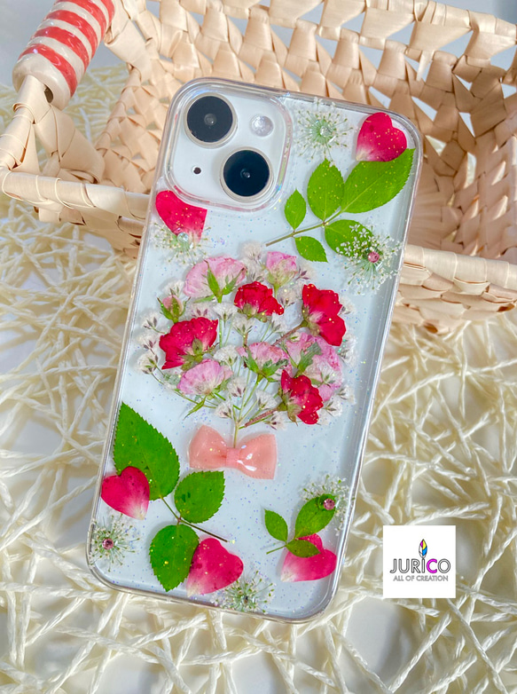 赤とピンクの薔薇とかすみ草の花束スマホケース　iphone/GALAXY/AQUOS/xperia/pixel 3枚目の画像