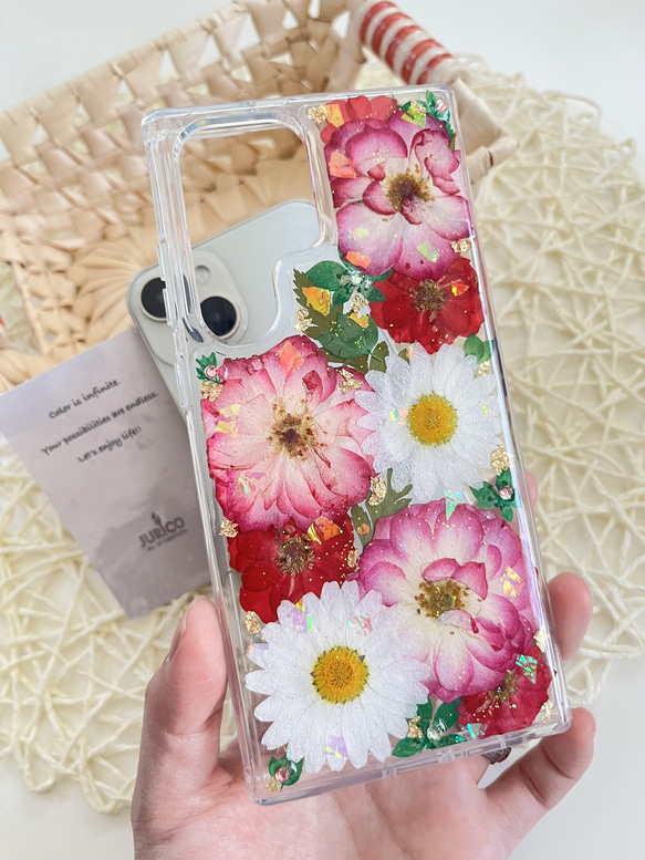 ピンクと赤い薔薇の押し花のスマホケース　全機種対応　iphone/GALAXY/AQUOS/xperia/pixel 7枚目の画像