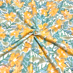 【50cm單位】卡其色黃橙花印度手工版畫布料棉質 第1張的照片