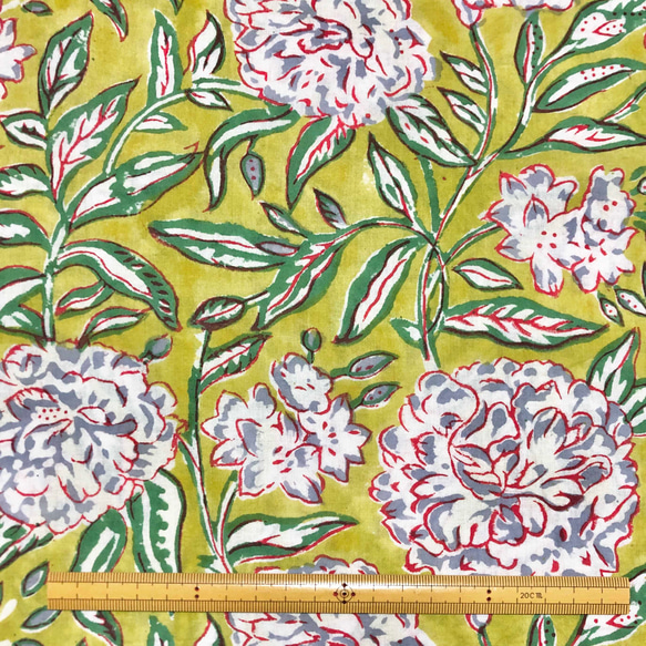 【50cm單位】綠色暗藍色蓬鬆花朵印度手工塊印花布料棉質 第6張的照片
