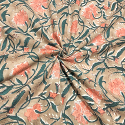 【50cm單位】米棕色鮭魚花印度手工塊印花布料棉質 第1張的照片