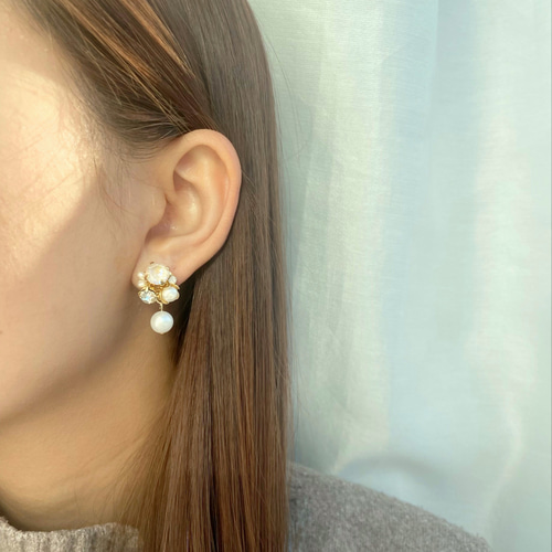 入学式 七五三 結婚式に♡ビジュー&パール ピアス イヤリング 淡水