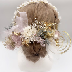 和装髪飾り　ヘッドドレス　水引×金箔　ゴールド　ピンク 4枚目の画像