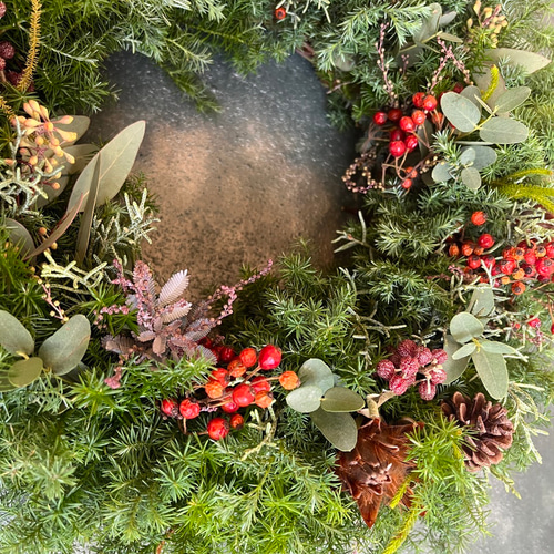 針葉樹のフレッシュクリスマスリース（M直径35cm）！ユーカリや