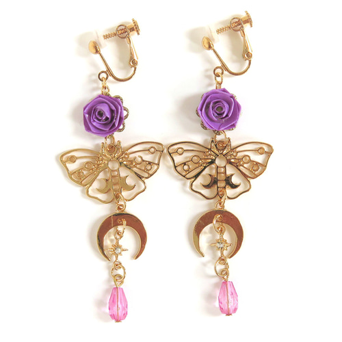 薔薇×蝶×月 ロングピアス・イヤリング(パープル) イヤリング