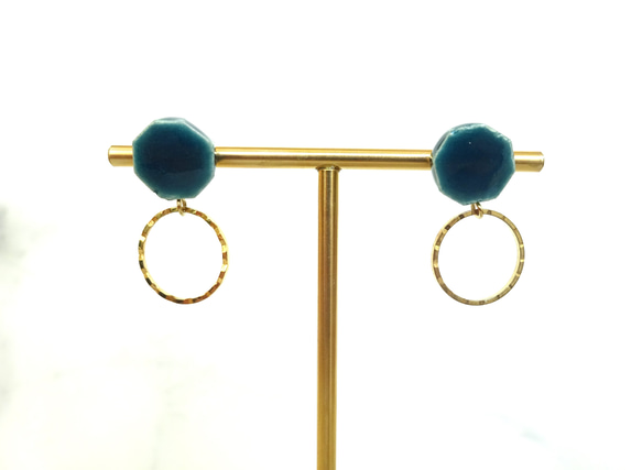 八角金環瓷耳環/耳環（深綠色） 第5張的照片