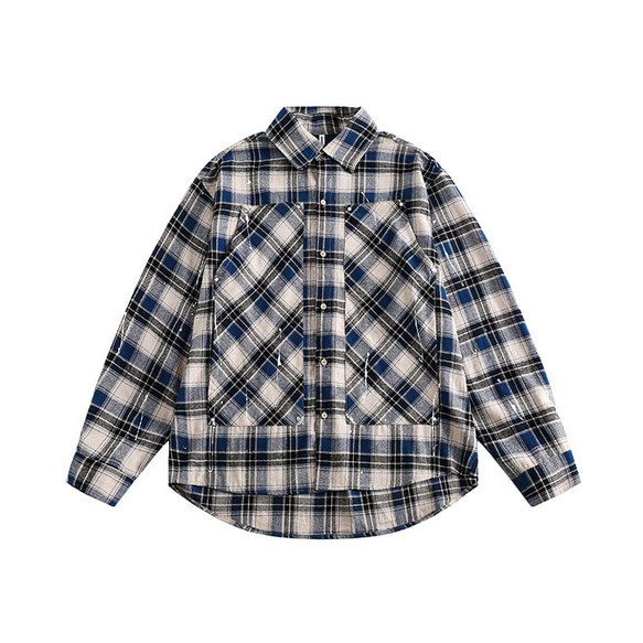 24春の新品メンズ・レディース共用・チェックのカジュアルシャツ大きなポケット長袖シャツ 2カラー ＃20-1360 4枚目の画像