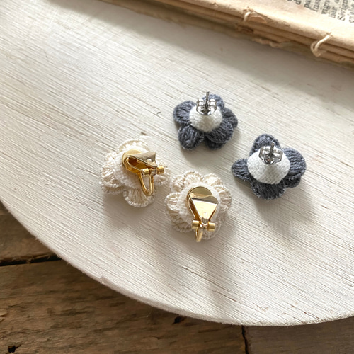 再販】お花の刺繍の耳飾り/糸のイヤーカフ セット イヤリング ピアス