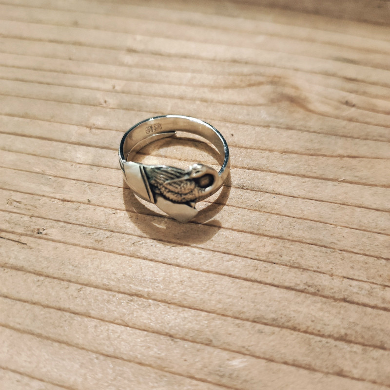 縁起物モチーフ「結び文に鶴」アンティークシルバー菓子楊枝のリメイクリング_0838 レトロ 和柄