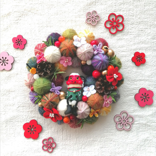 新作2024 カラフルでにっこり❀毛糸玉の正月飾り〈獅子舞〉(小) 毛糸玉