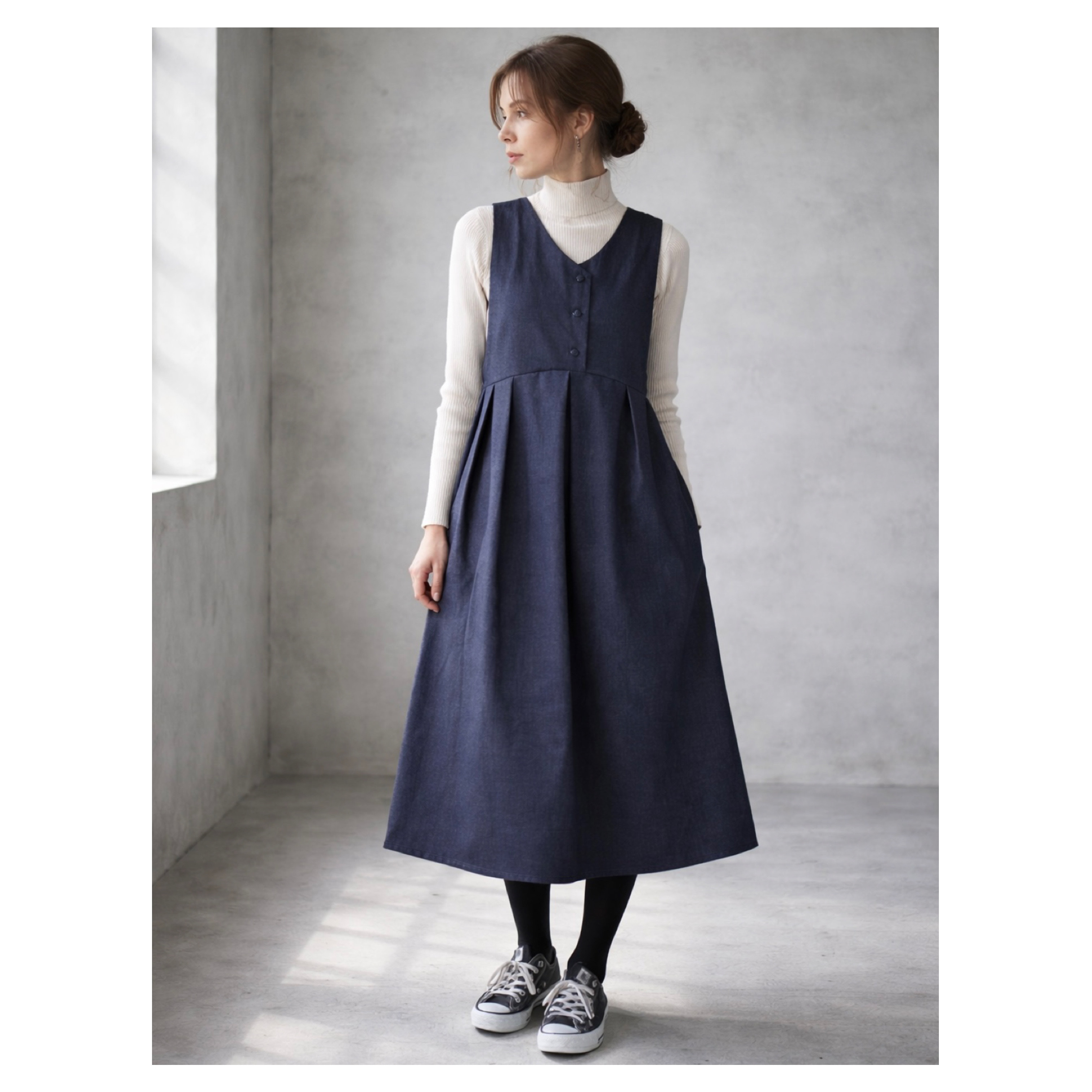 くるみボタンをあしらった岡山児島デニムワンピース／8オンスくたりソフトデニムジャンパースカート／インディゴ