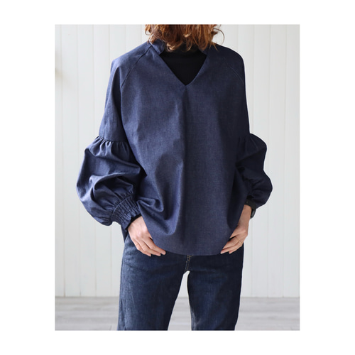 モンプチデニムのブラウス加工インディゴトップス 岡山県児島デニムギャザーバルーンスリーブデザインブラウス／8オンス