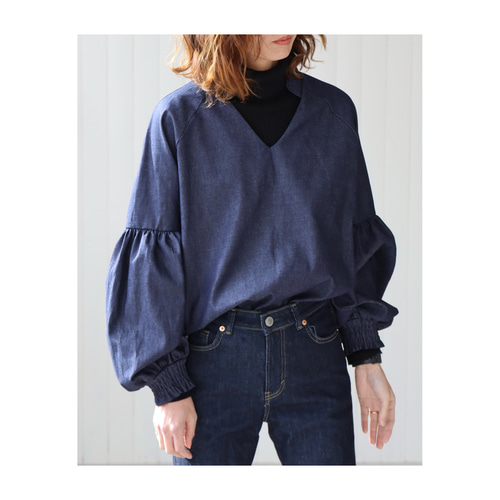 岡山県児島デニムギャザーバルーンスリーブデザインブラウス／8オンス