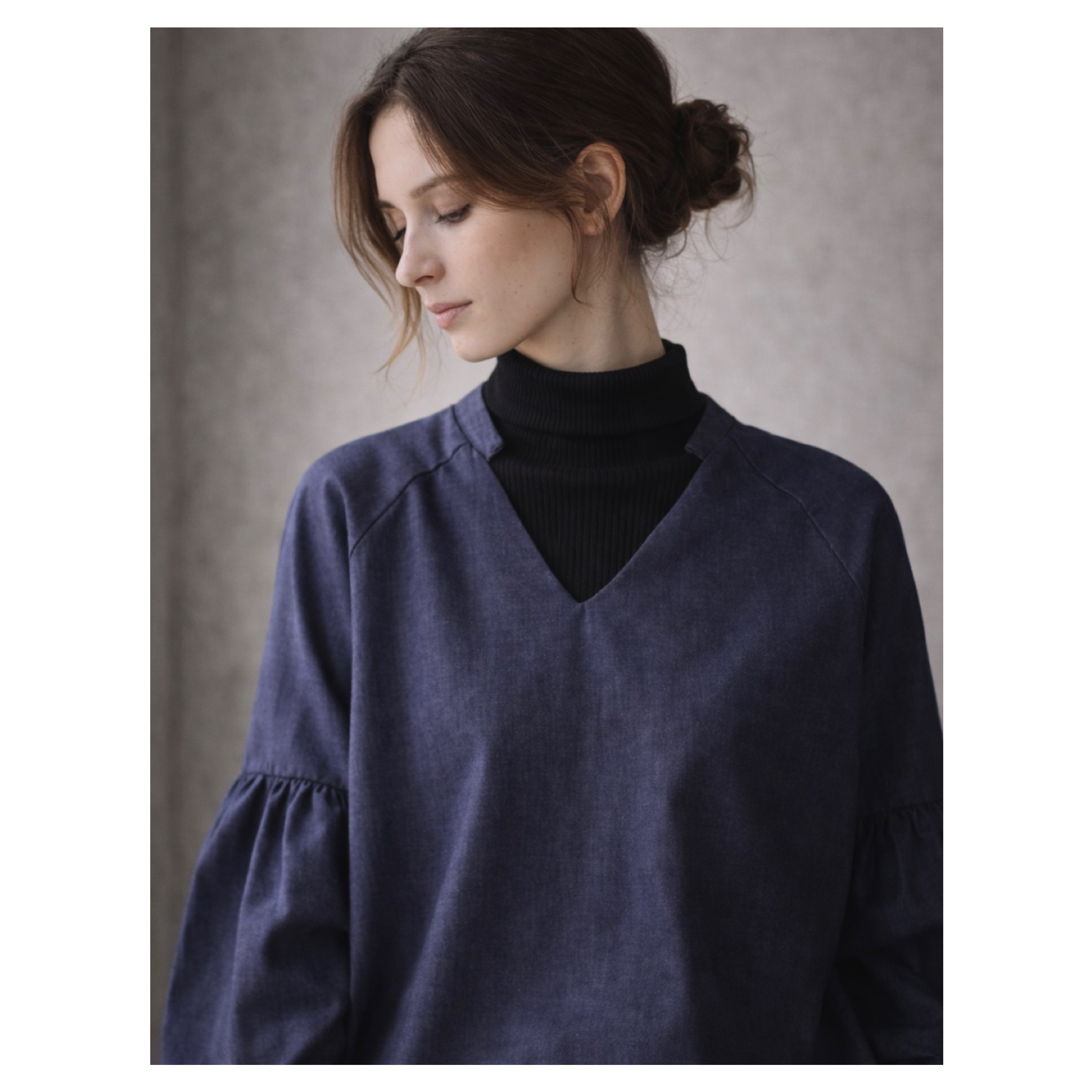 岡山県児島デニムギャザーバルーンスリーブデザインブラウス／8オンスソフトデニムブラウス／インディゴ