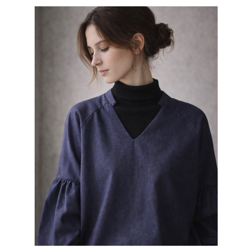 岡山県児島デニムギャザーバルーンスリーブデザインブラウス／8オンス